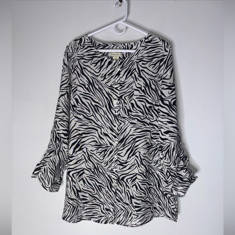 Cynthia Rowley Womens Black Zebra Print 100% Linen Button Up Blouse Size 1X